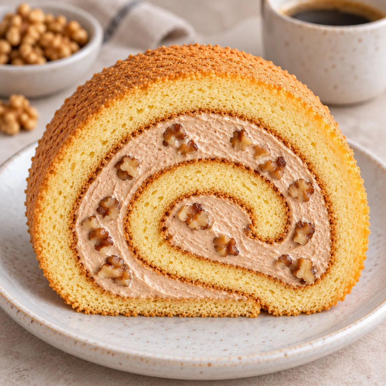 Sponge roll with coffee and walnuts