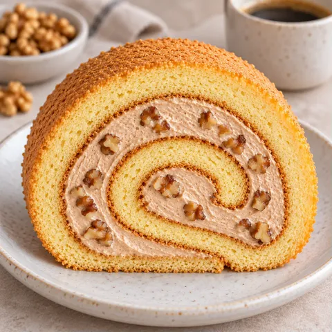 Sponge roll with coffee and walnuts