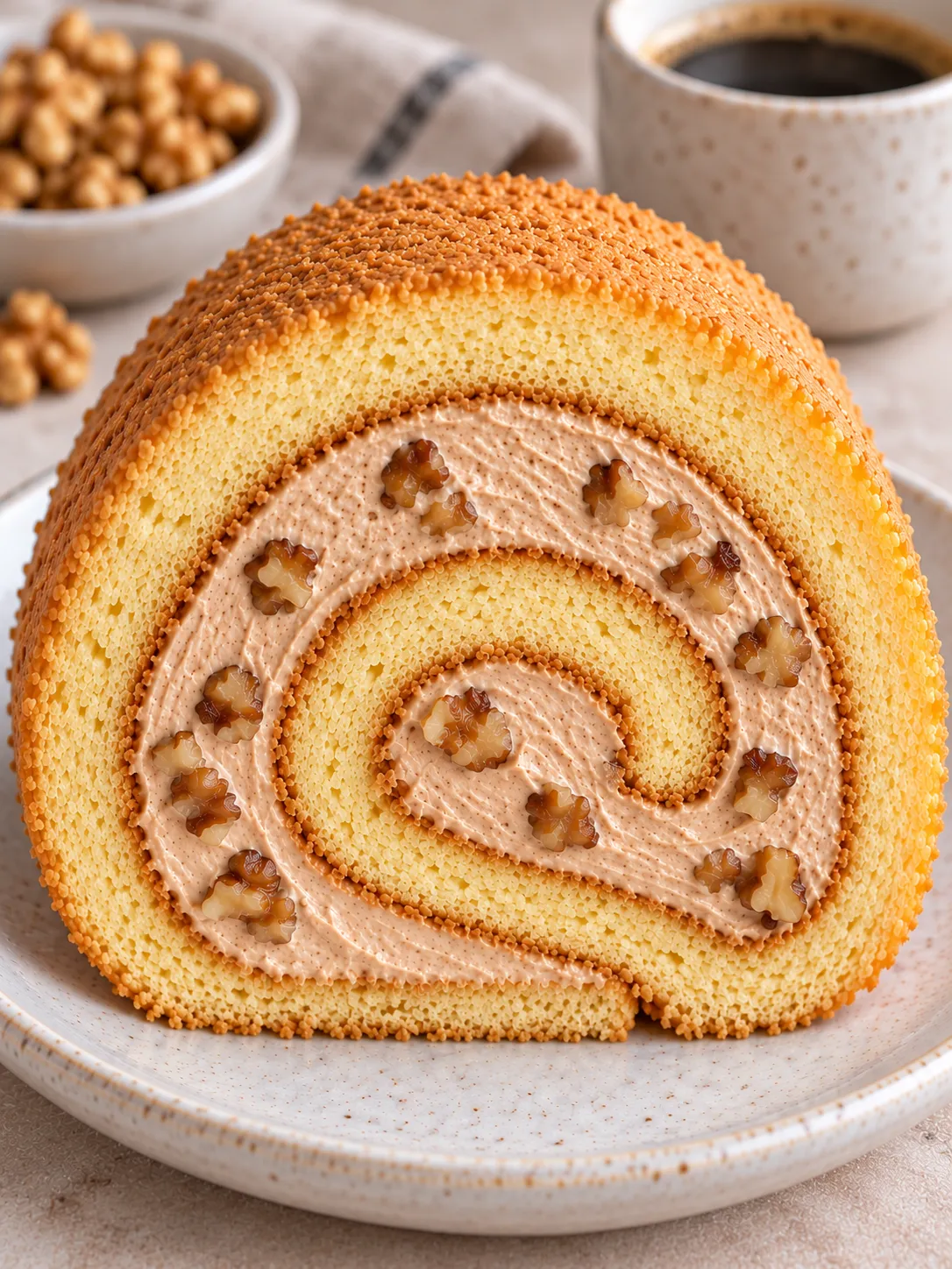 Sponge roll with coffee and walnuts