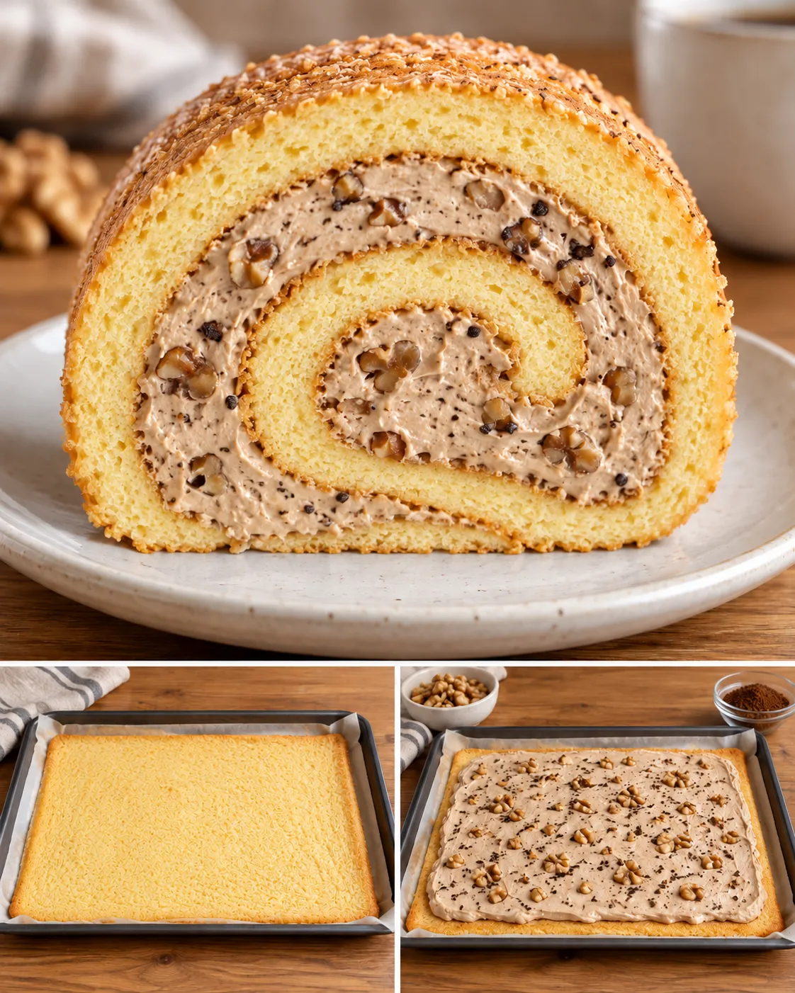 Sponge roll with coffee and walnuts