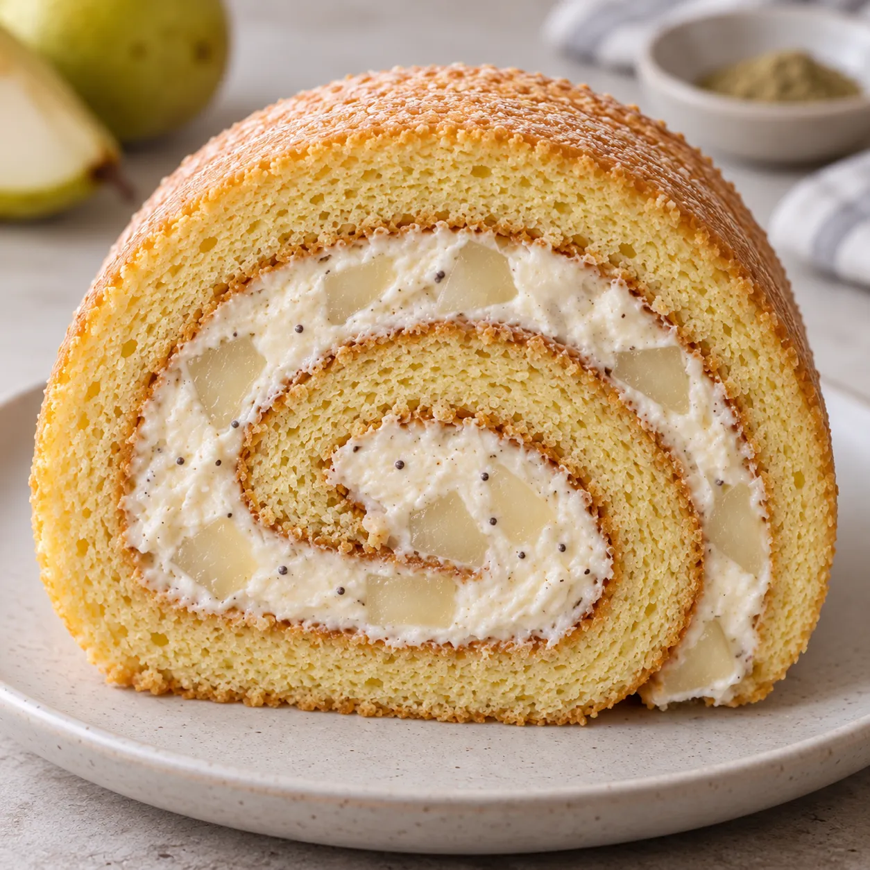 Sponge roll with cardamom and pear