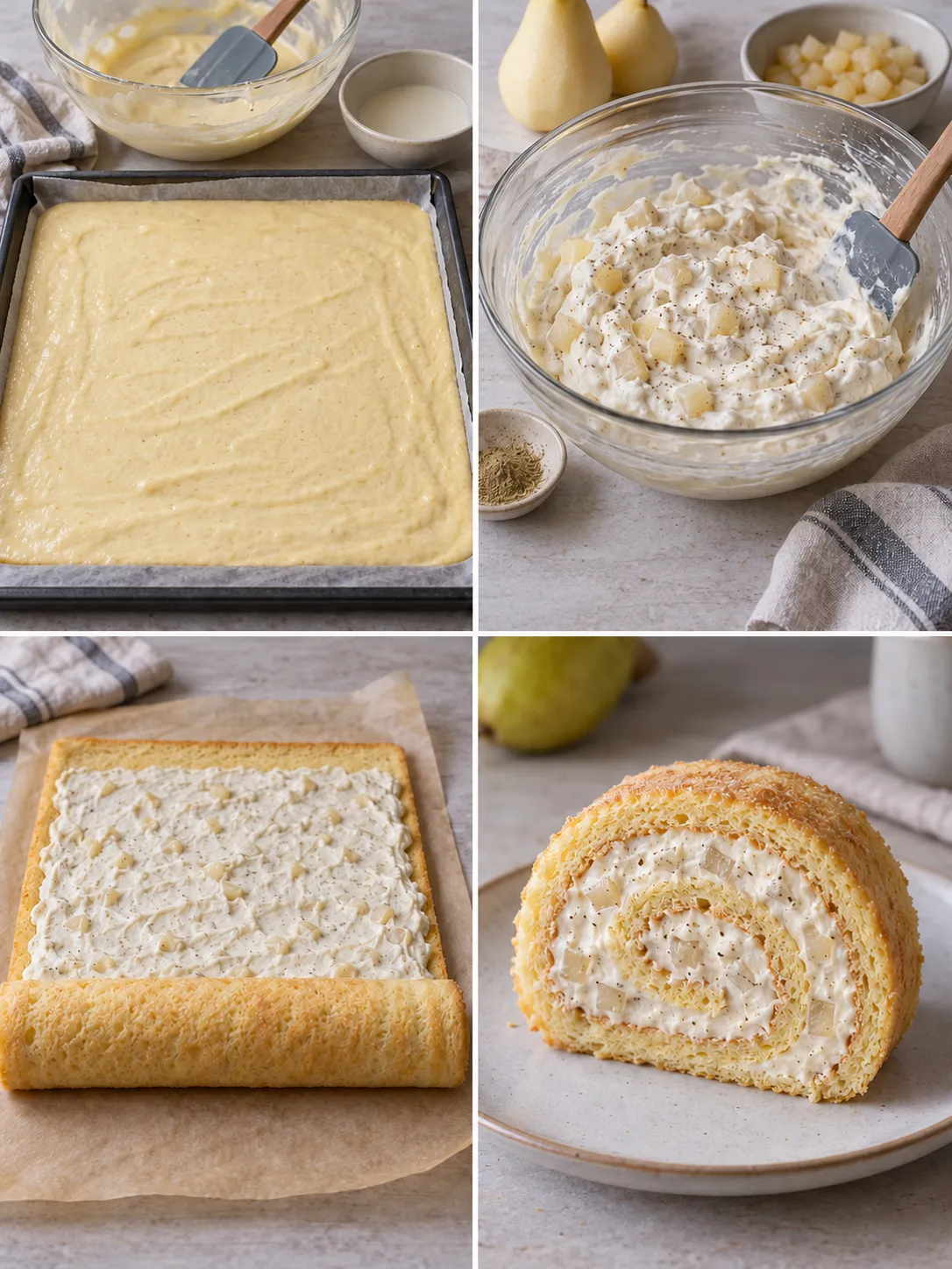 Sponge roll with cardamom and pear