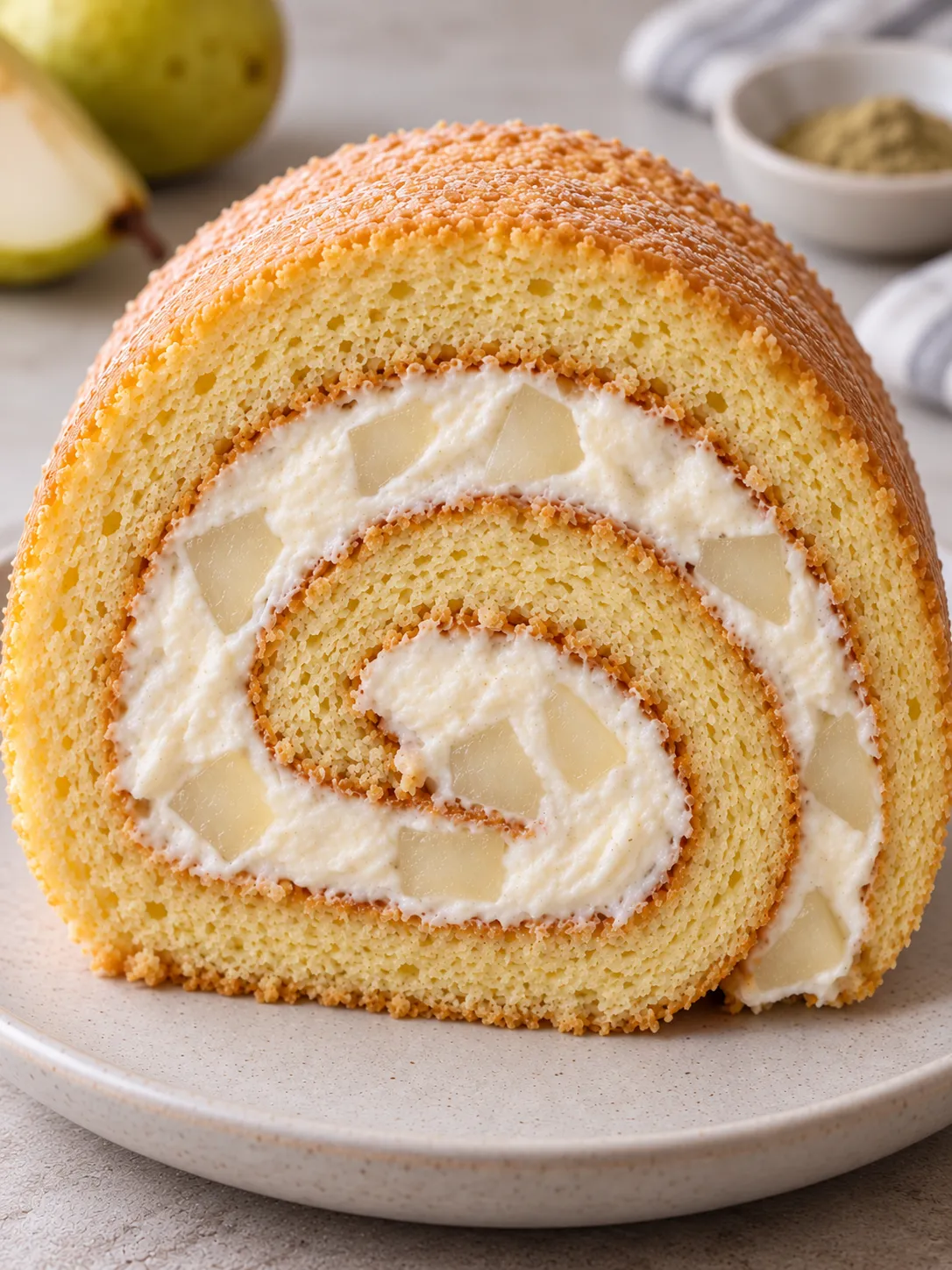 Sponge roll with cardamom and pear