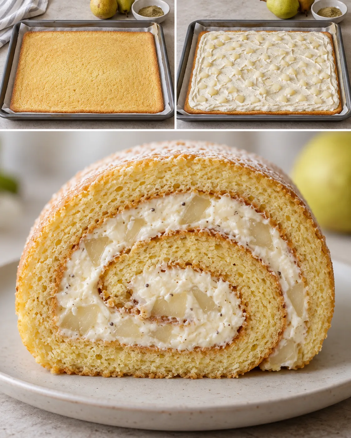 Sponge roll with cardamom and pear