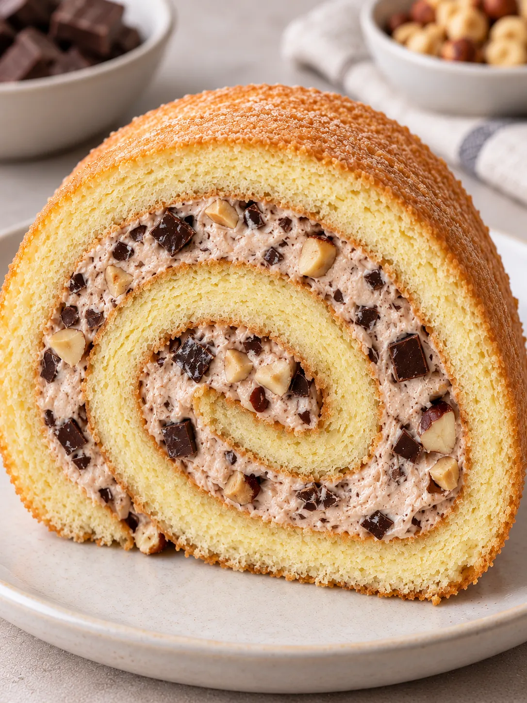 Sponge roll with chocolate and hazelnuts