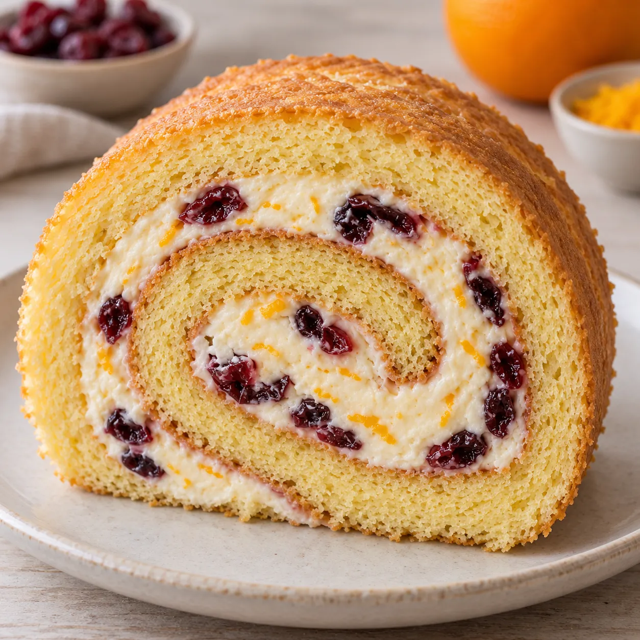 Sponge roll with cranberries and orange