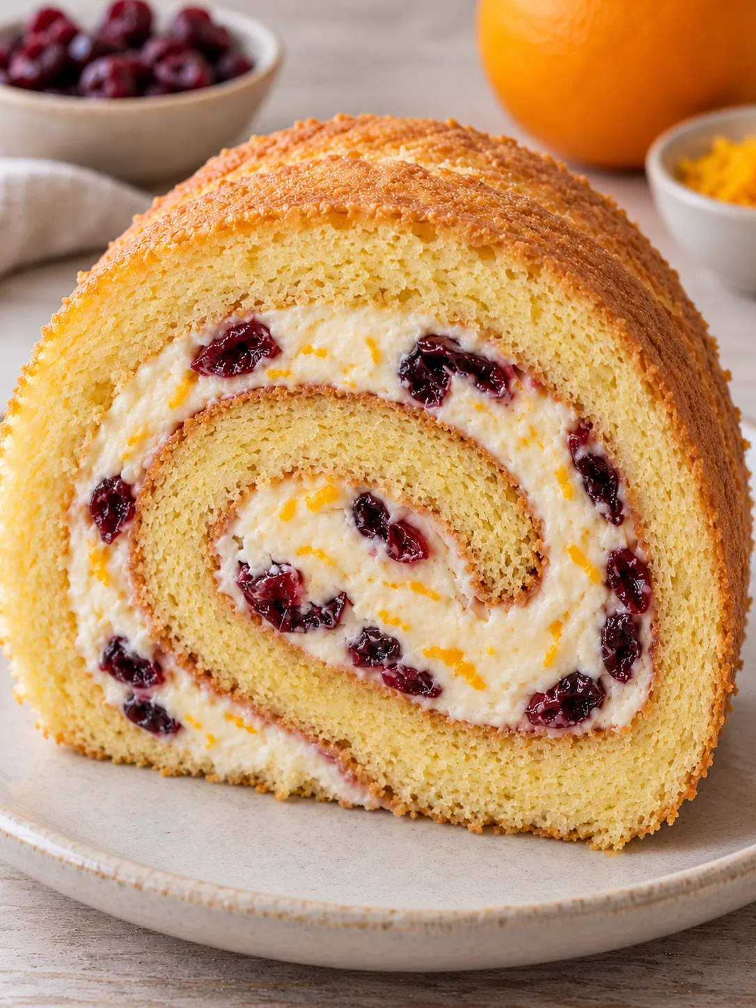 Sponge roll with cranberries and orange