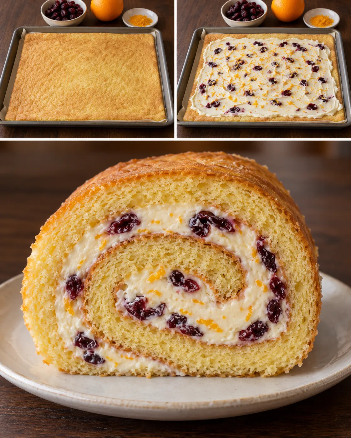 Sponge roll with cranberries and orange