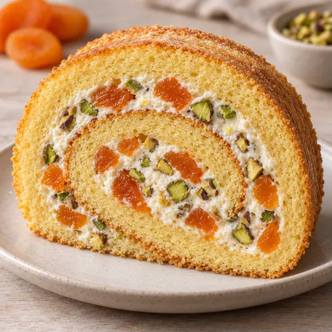 Sponge roll with apricots and pistachios