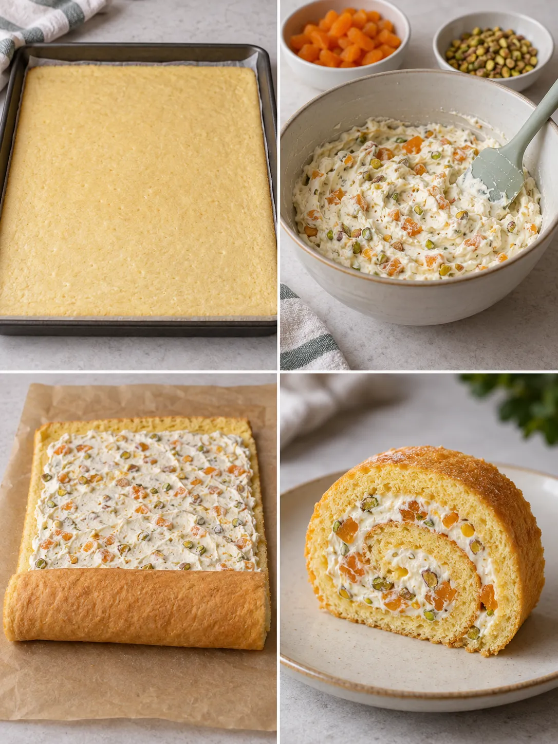 Sponge roll with apricots and pistachios