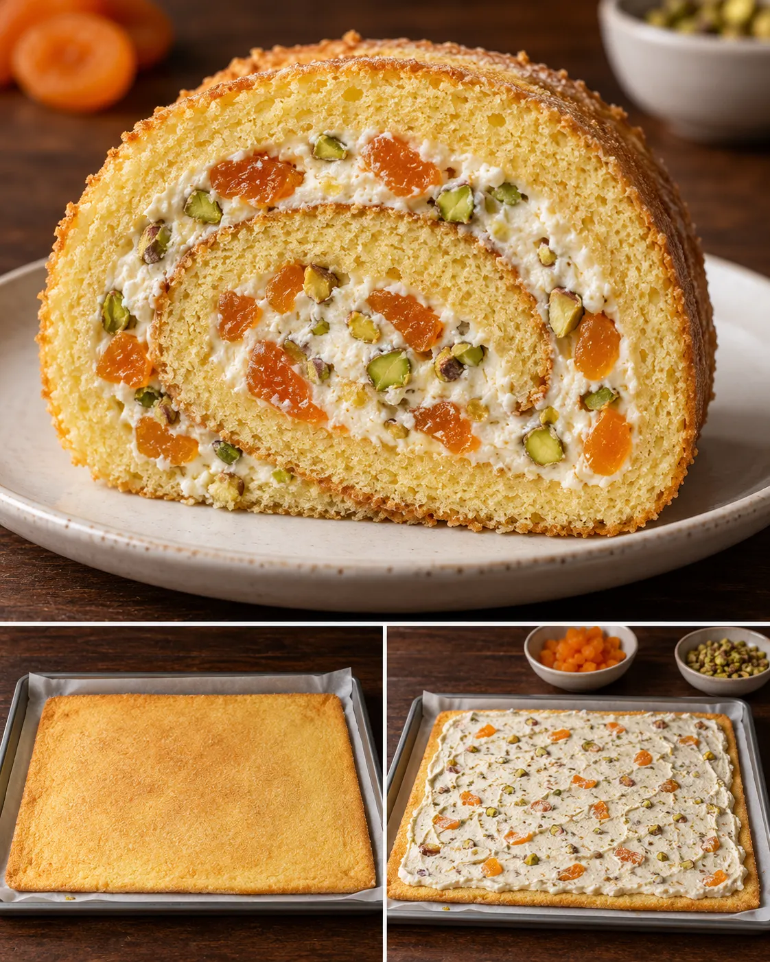 Sponge roll with apricots and pistachios