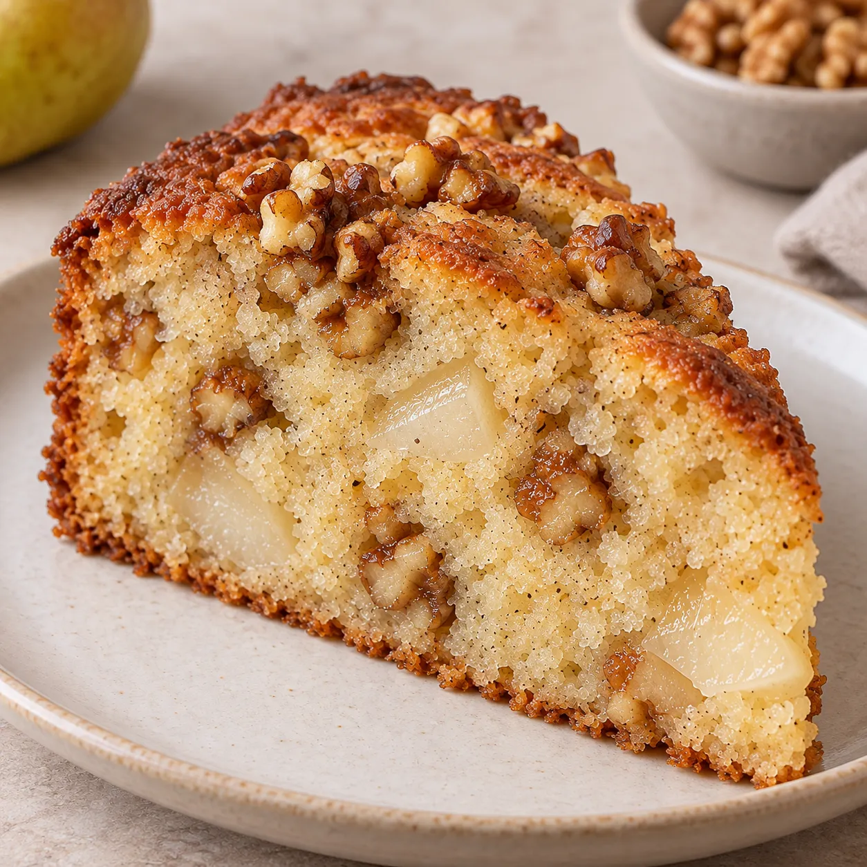 Yogurt cake with pear and cardamom — walnuts