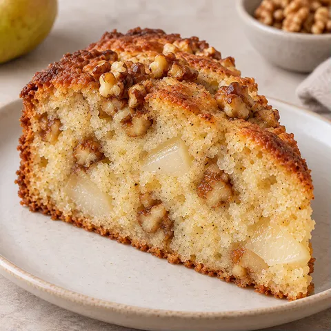 Yogurt cake with pear and cardamom — walnuts