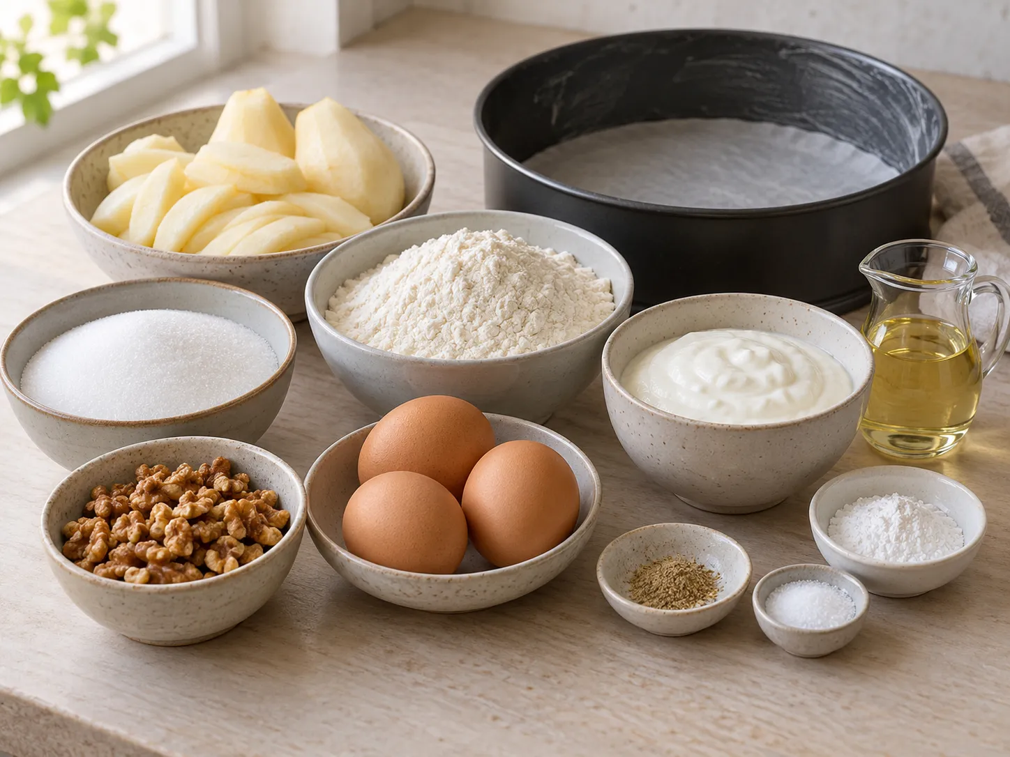 large eggs, granulated sugar, plain full-fat yogurt, neutral sunflower oil