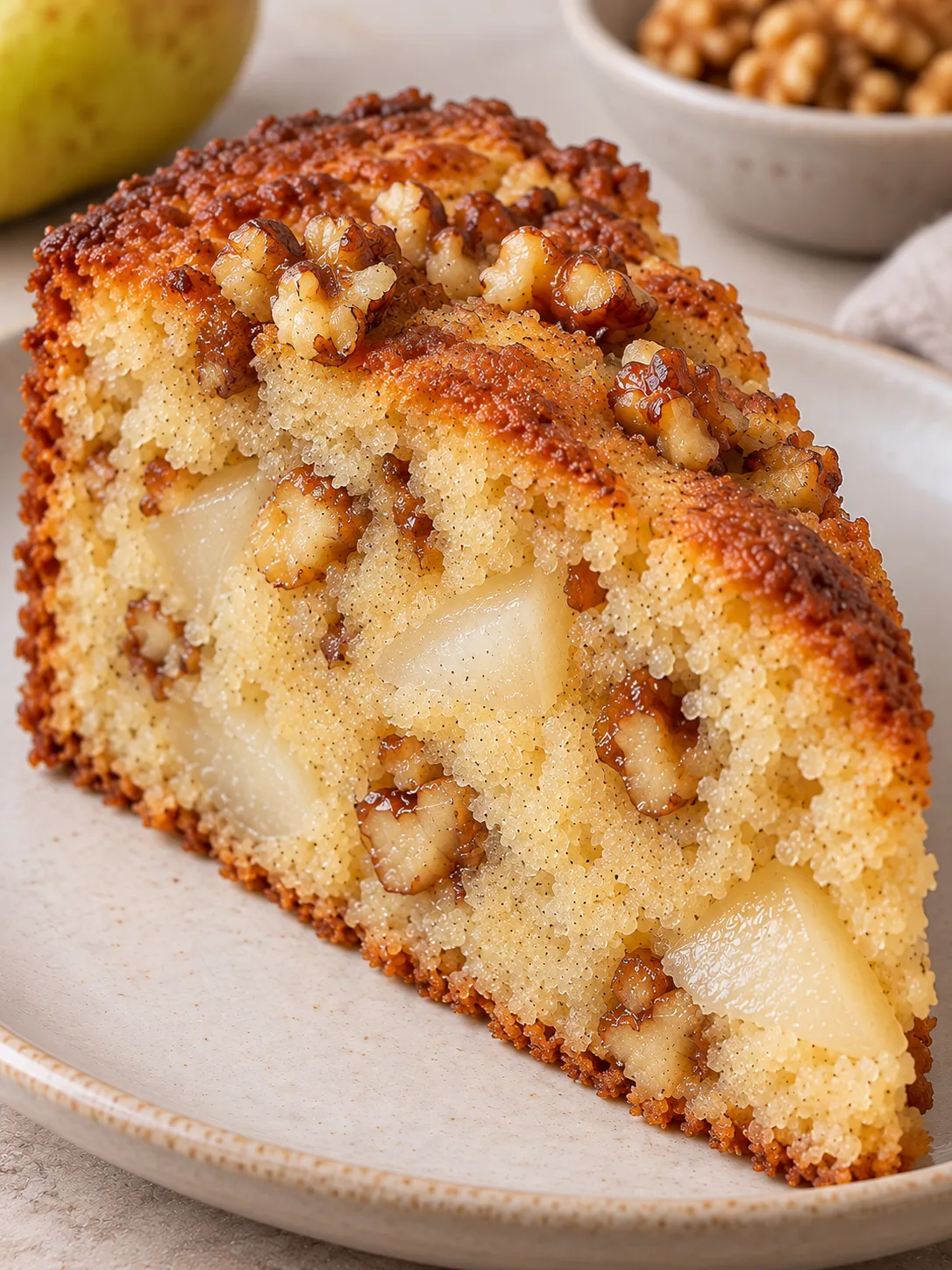 Yogurt cake with pear and cardamom — walnuts