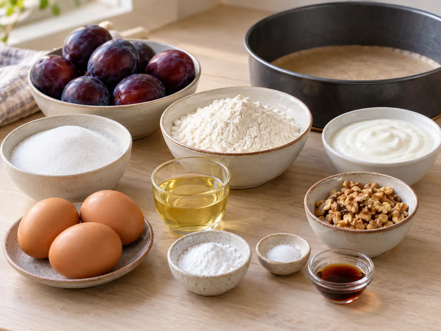 large eggs, granulated sugar, plain full-fat yogurt, neutral sunflower oil