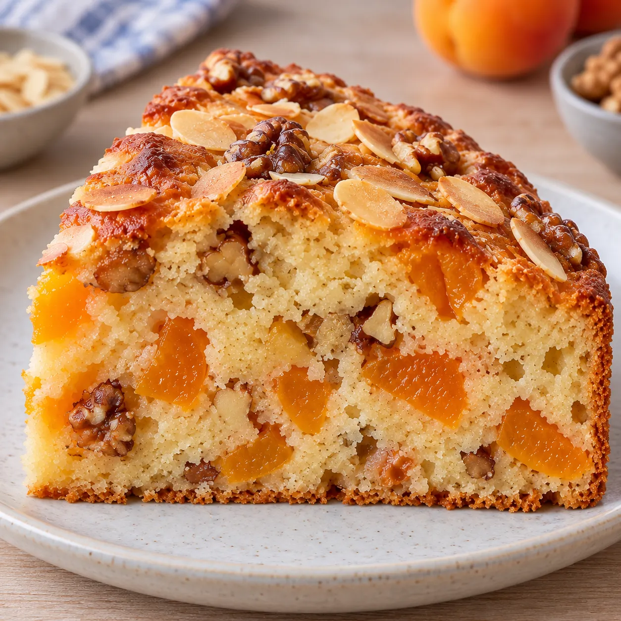 Yogurt cake with apricots and almonds — walnuts