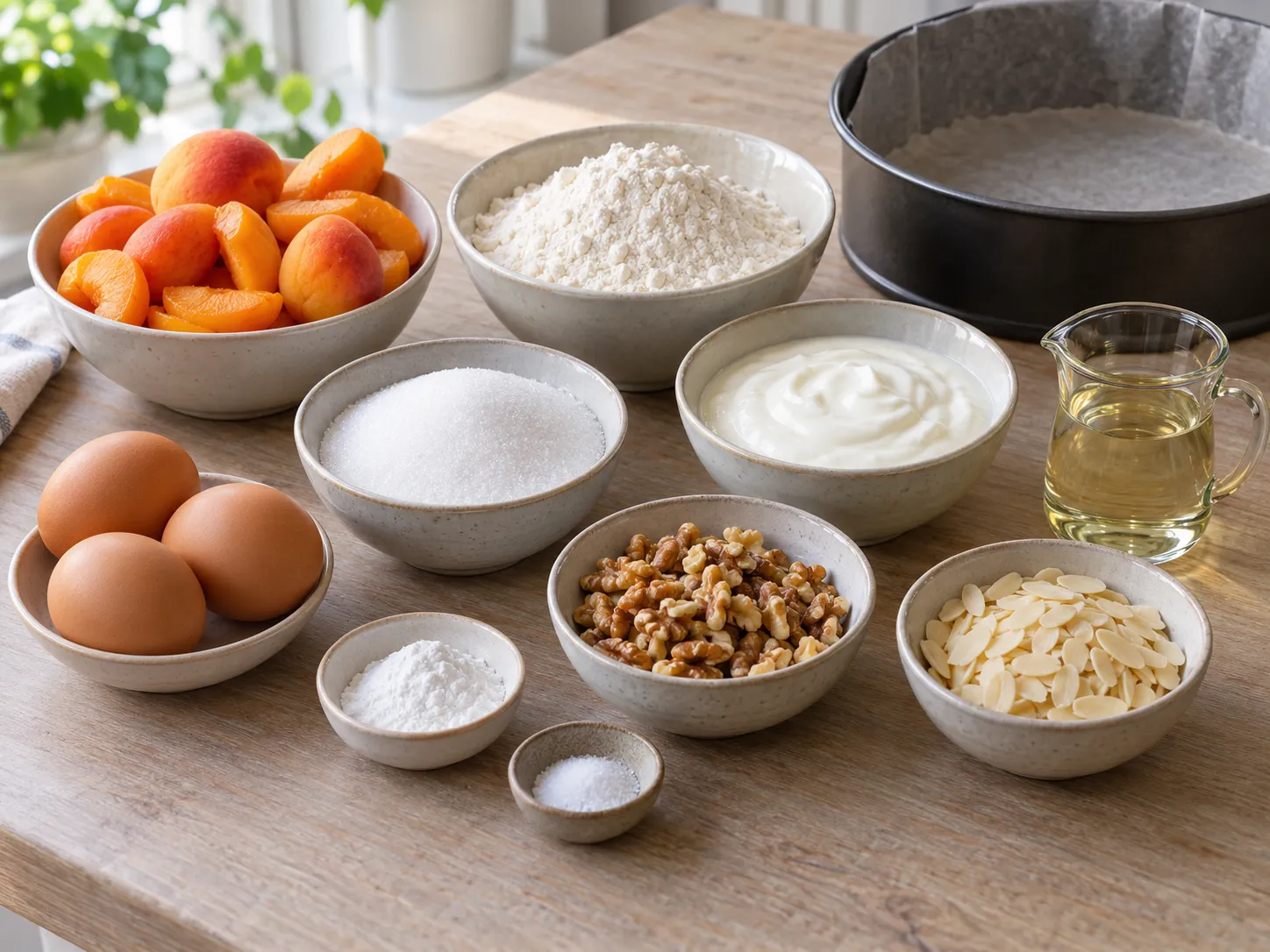 large eggs, granulated sugar, plain full-fat yogurt, neutral sunflower oil