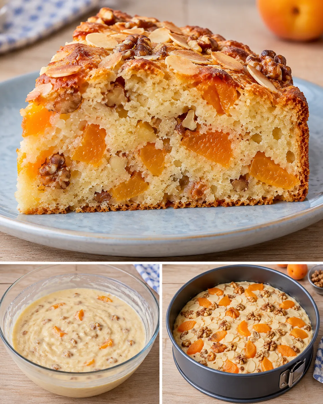 Yogurt cake with apricots and almonds — walnuts