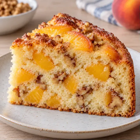 Yogurt cake with peaches and vanilla — walnuts