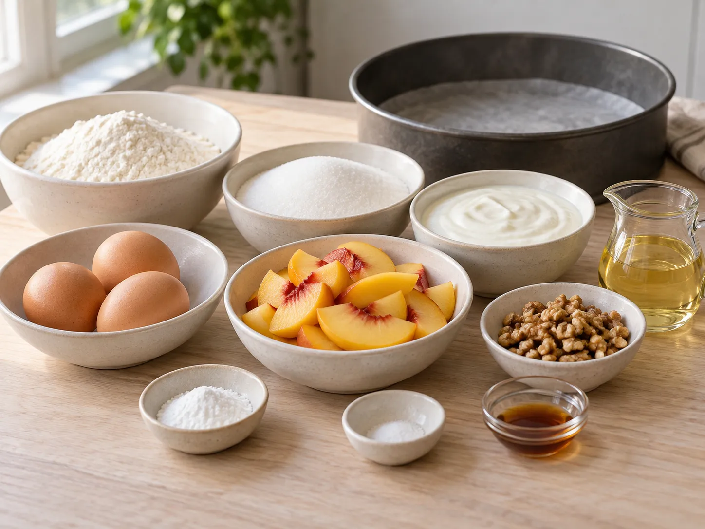 large eggs, granulated sugar, plain full-fat yogurt, neutral sunflower oil