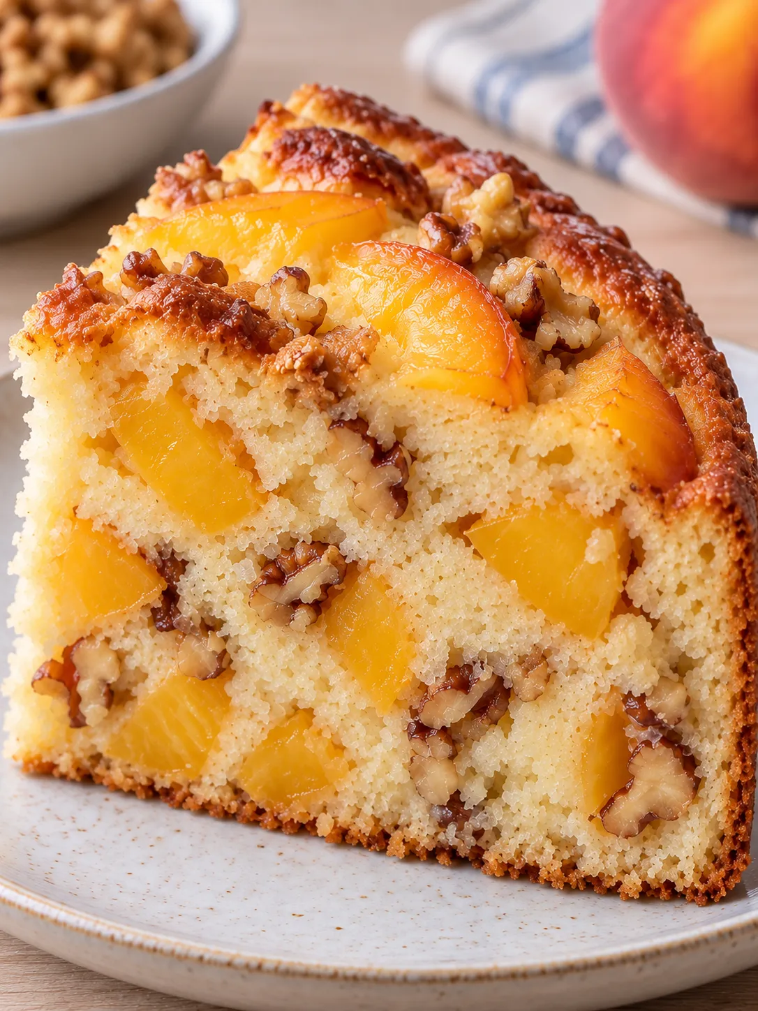 Yogurt cake with peaches and vanilla — walnuts