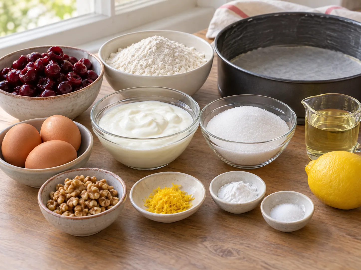 large eggs, granulated sugar, plain full-fat yogurt, neutral sunflower oil