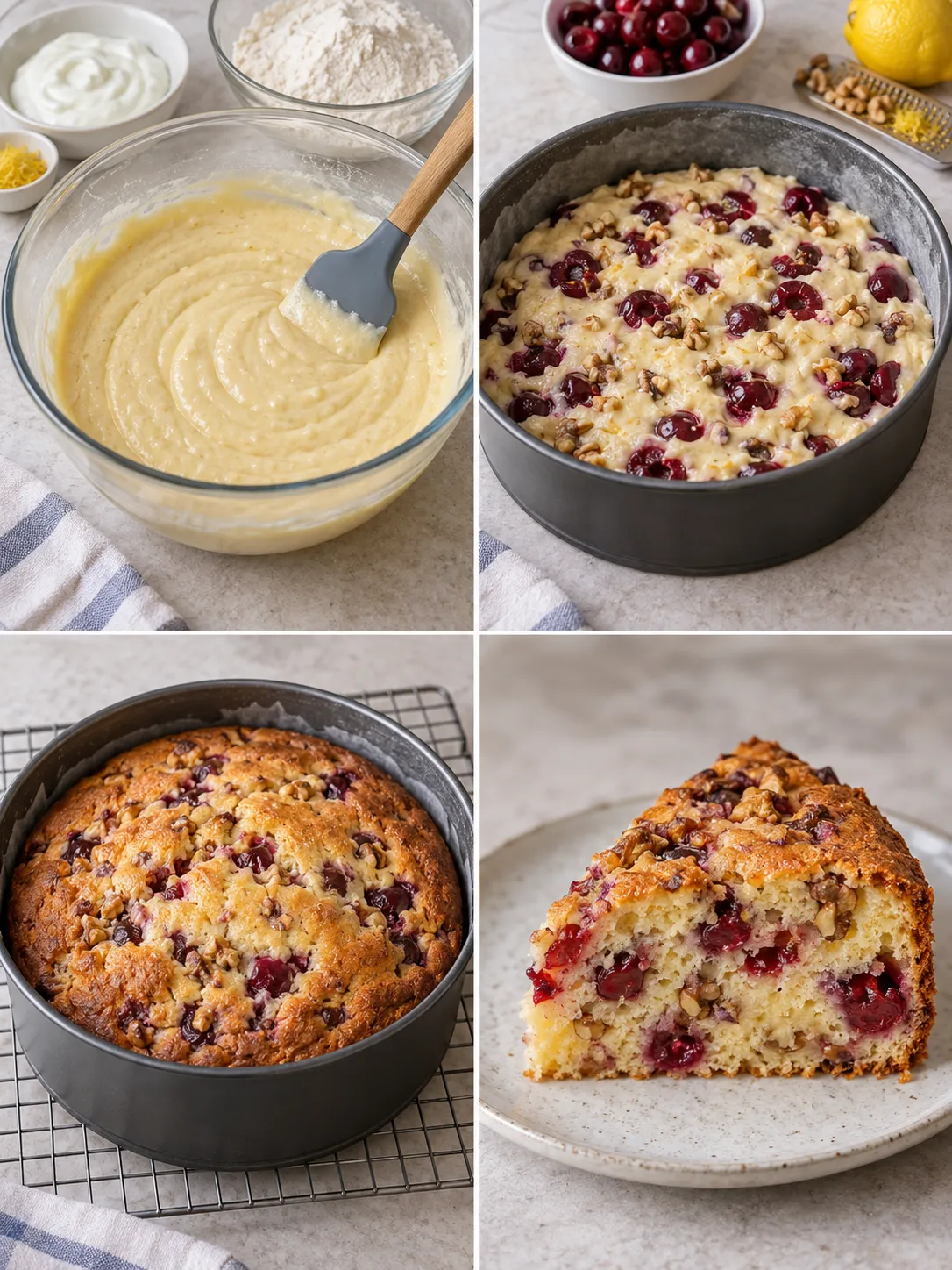 Yogurt cake with cherries and lemon — walnuts