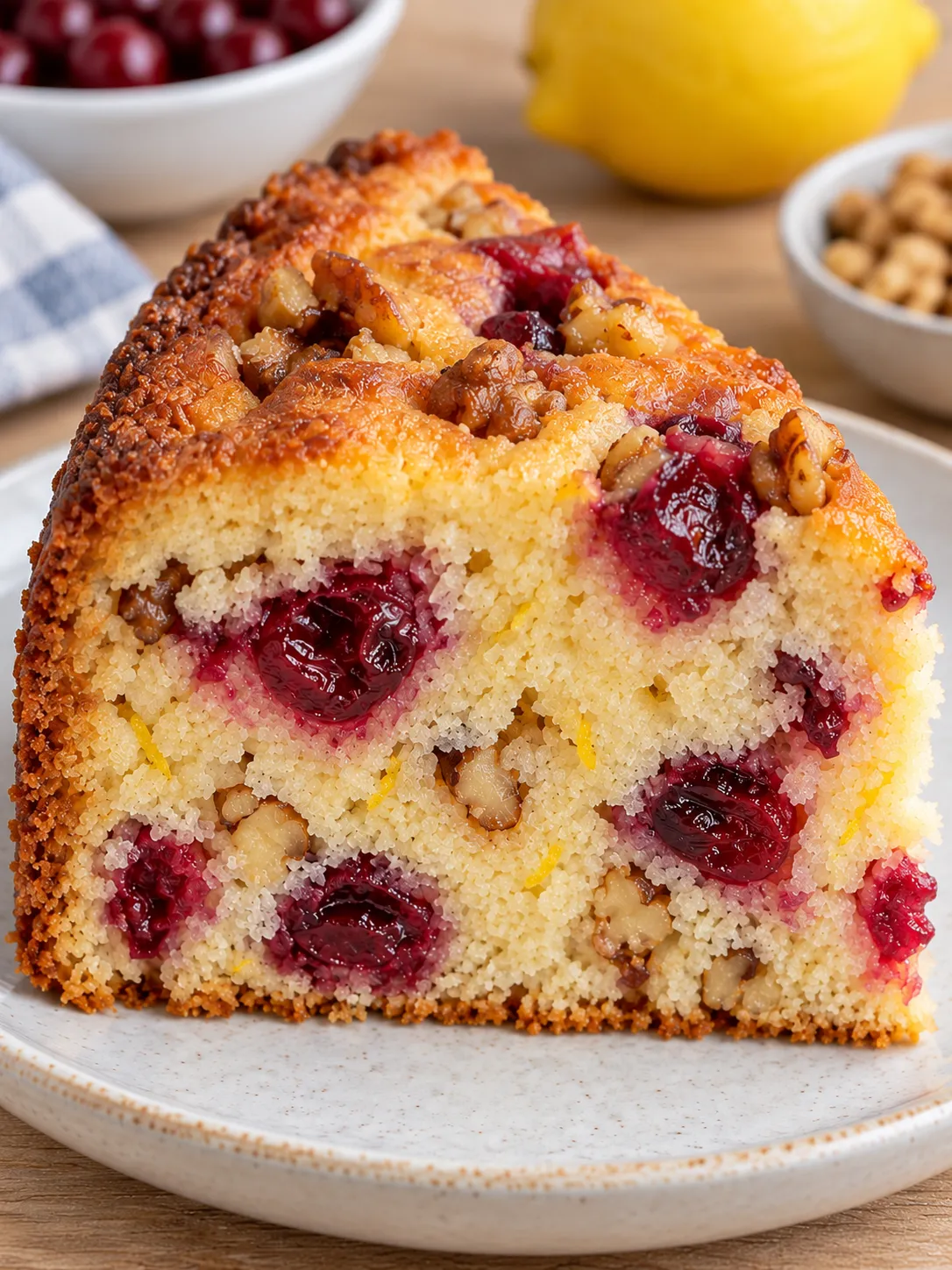 Yogurt cake with cherries and lemon — walnuts
