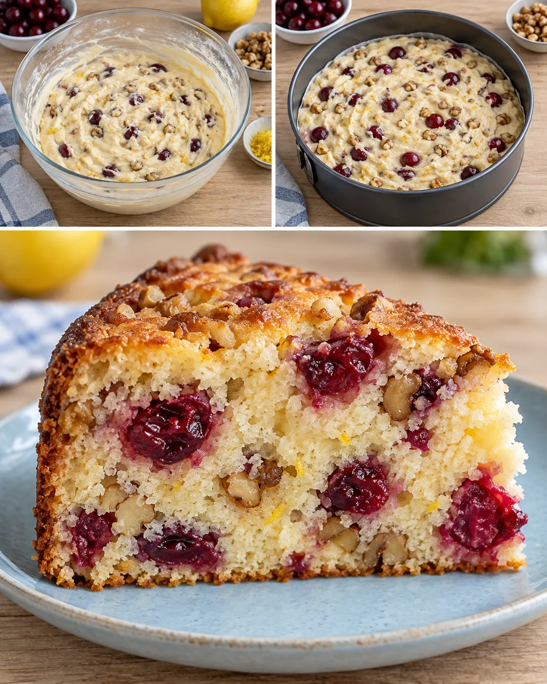 Yogurt cake with cherries and lemon — walnuts