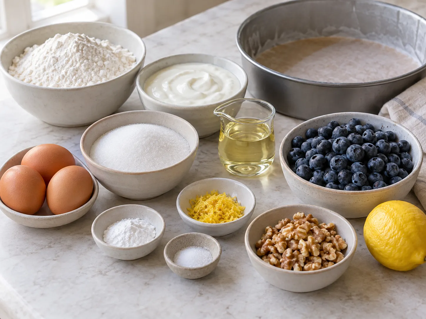 large eggs, granulated sugar, plain full-fat yogurt, neutral sunflower oil