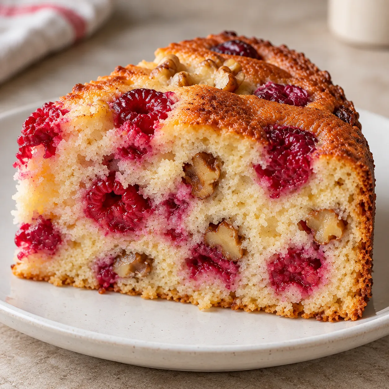 Yogurt cake with raspberries and vanilla — walnuts