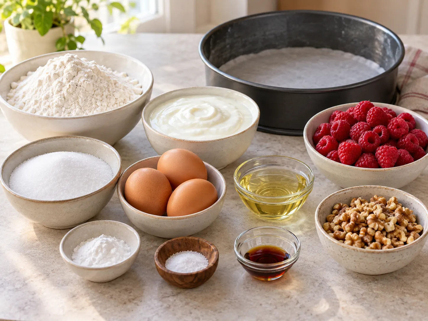 large eggs, granulated sugar, plain full-fat yogurt, neutral sunflower oil