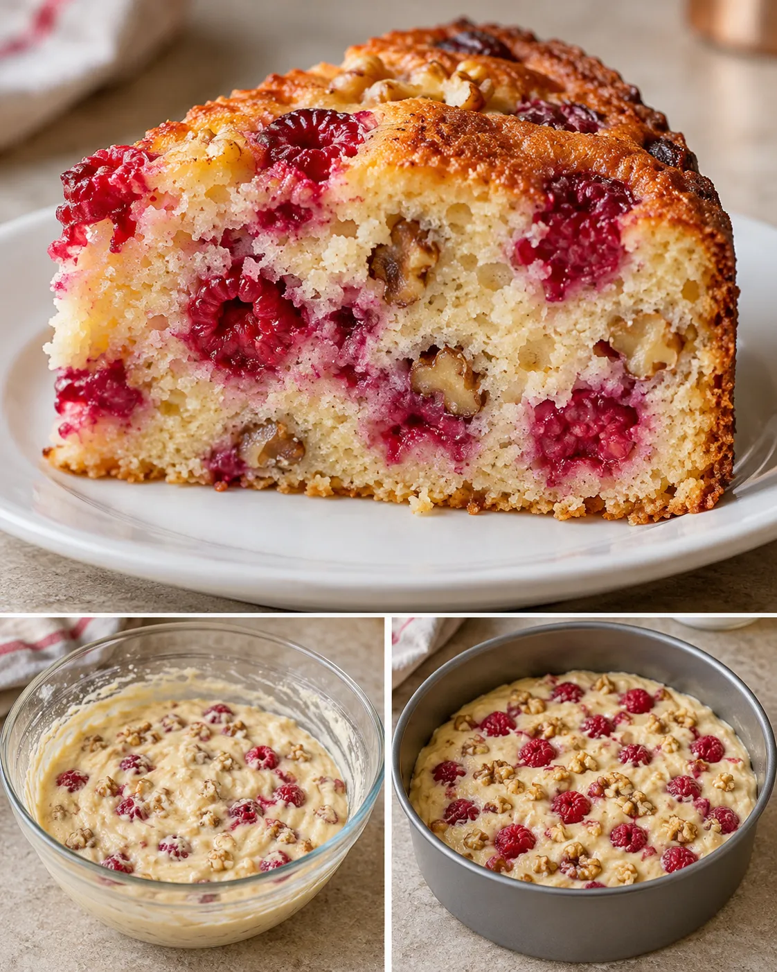 Yogurt cake with raspberries and vanilla — walnuts
