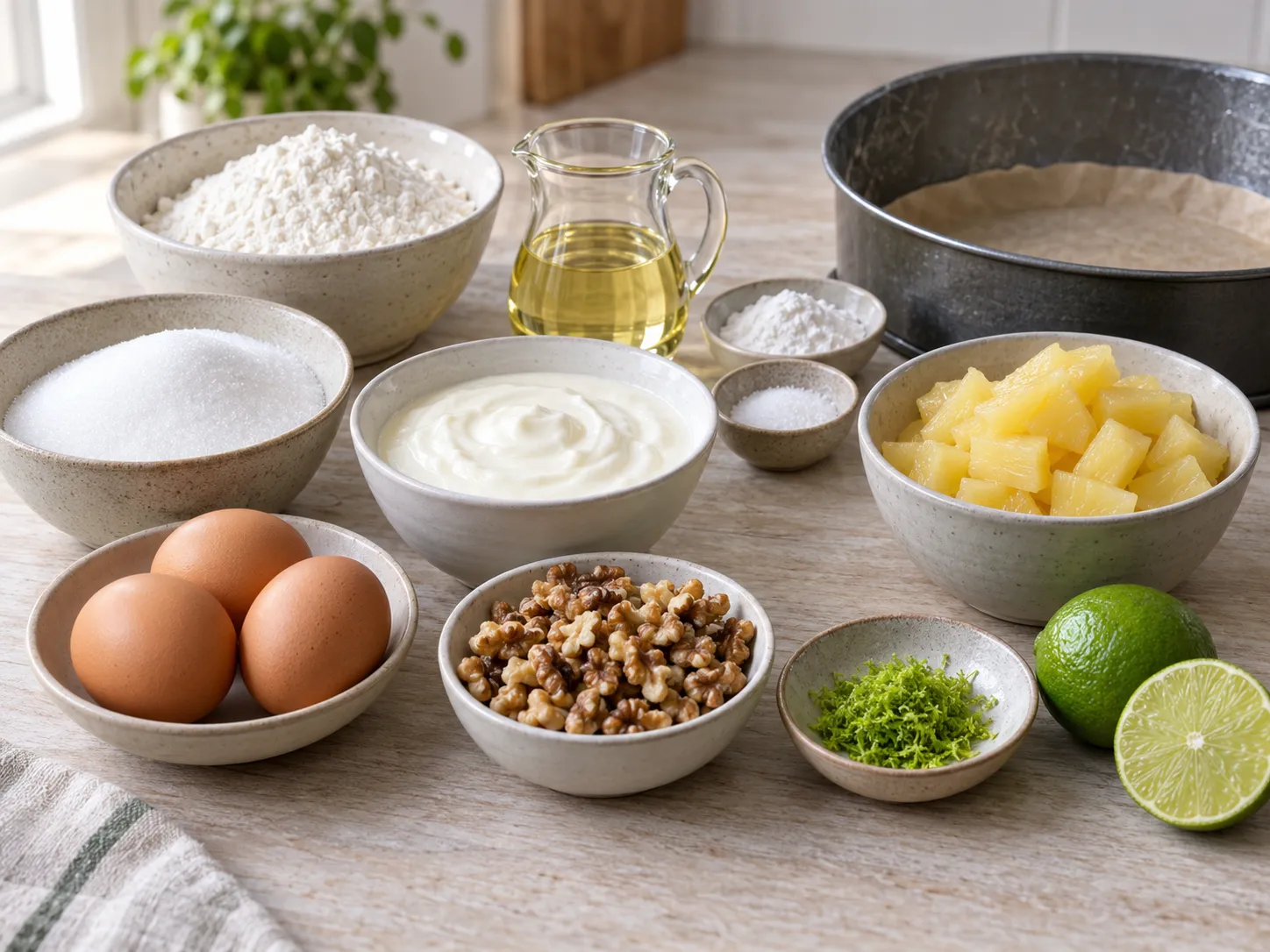 large eggs, granulated sugar, plain full-fat yogurt, neutral sunflower oil