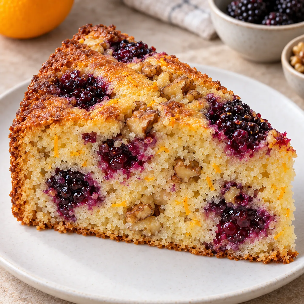 Yogurt cake with blackberries and orange — walnuts