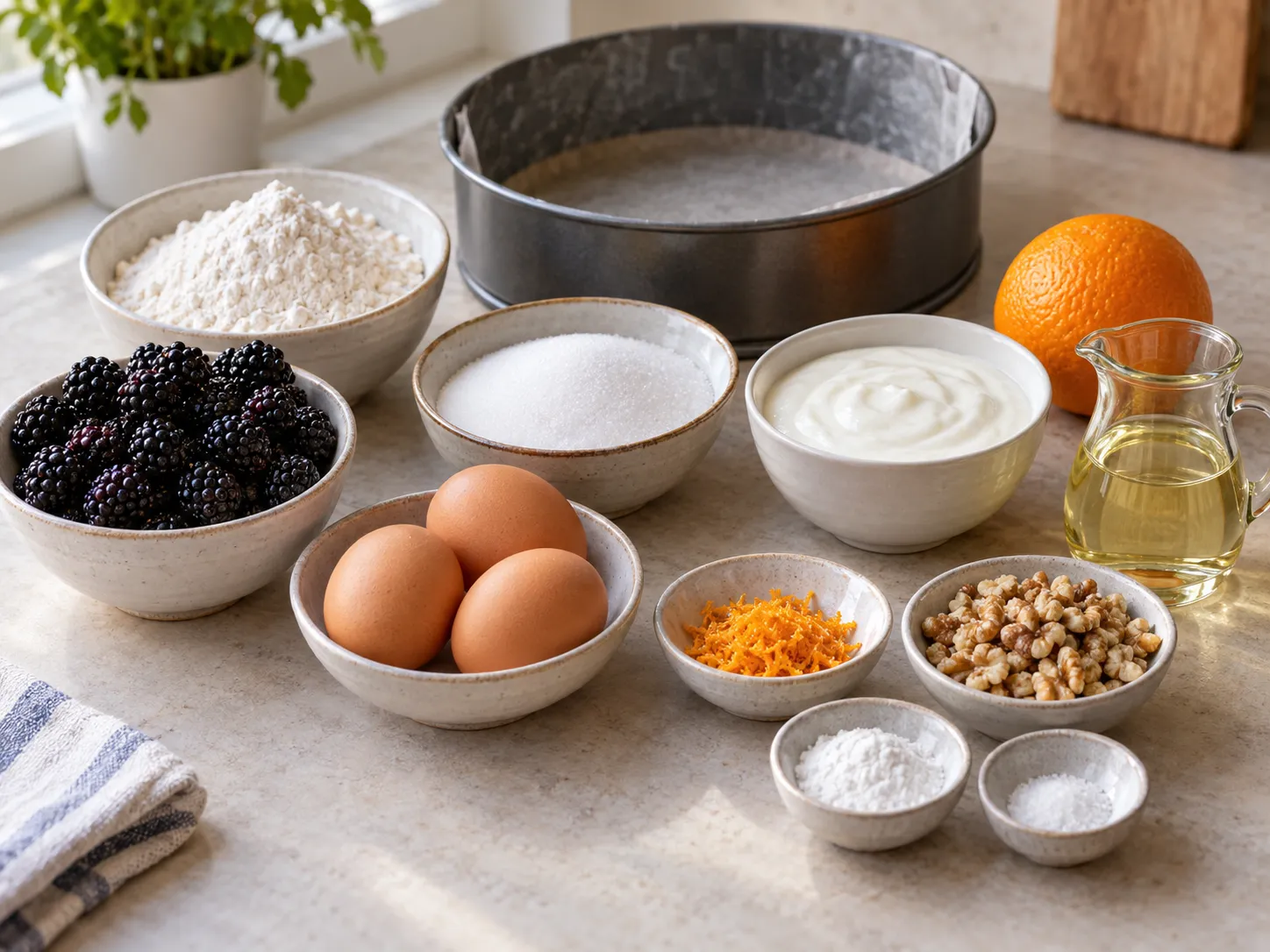 large eggs, granulated sugar, plain full-fat yogurt, neutral sunflower oil