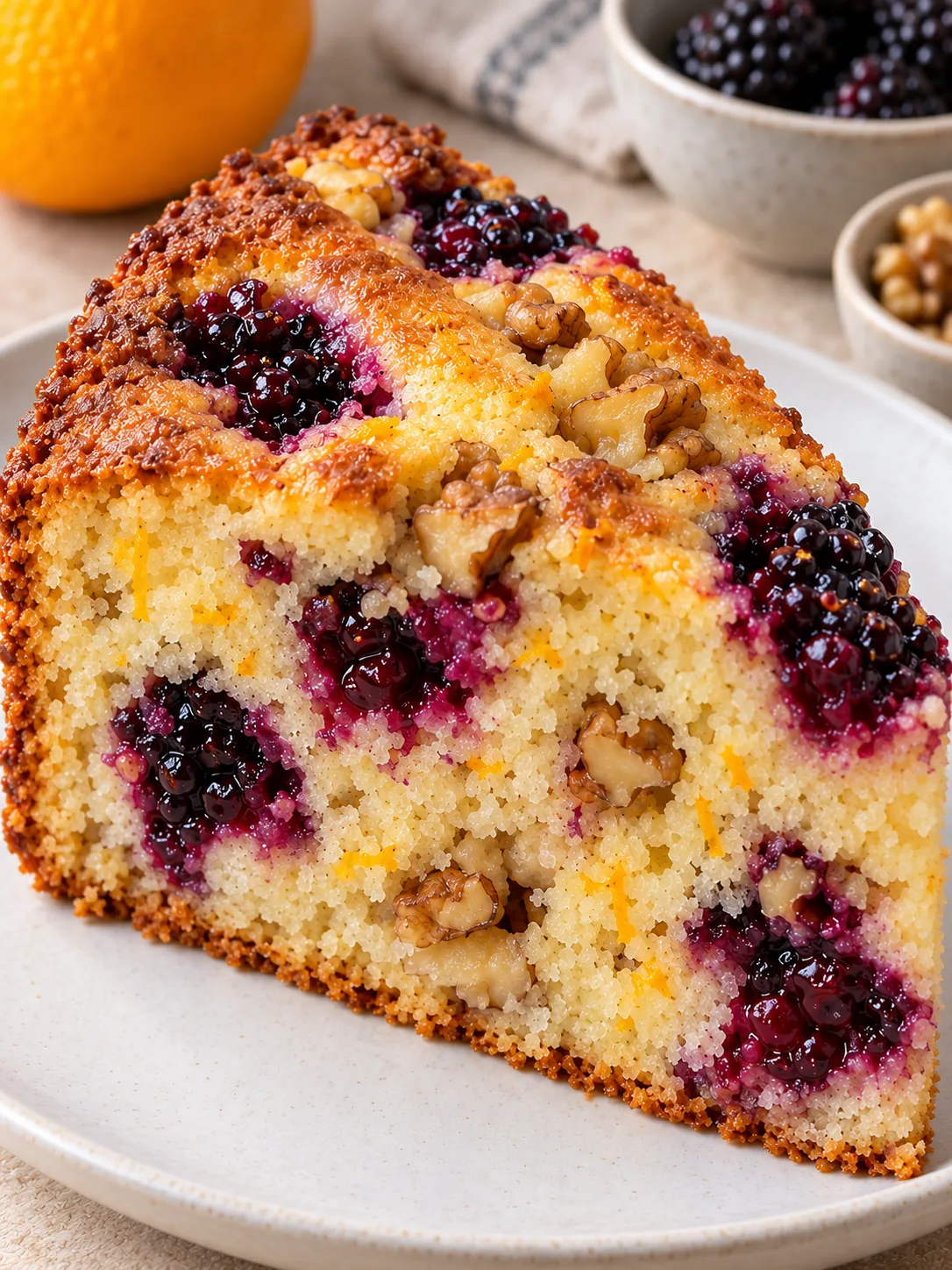 Yogurt cake with blackberries and orange — walnuts