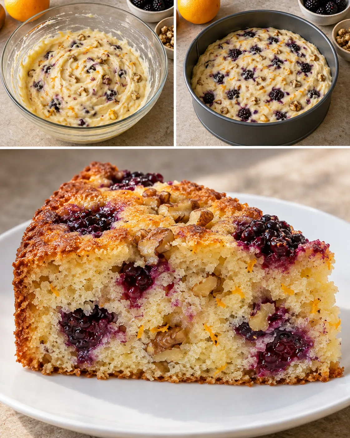 Yogurt cake with blackberries and orange — walnuts