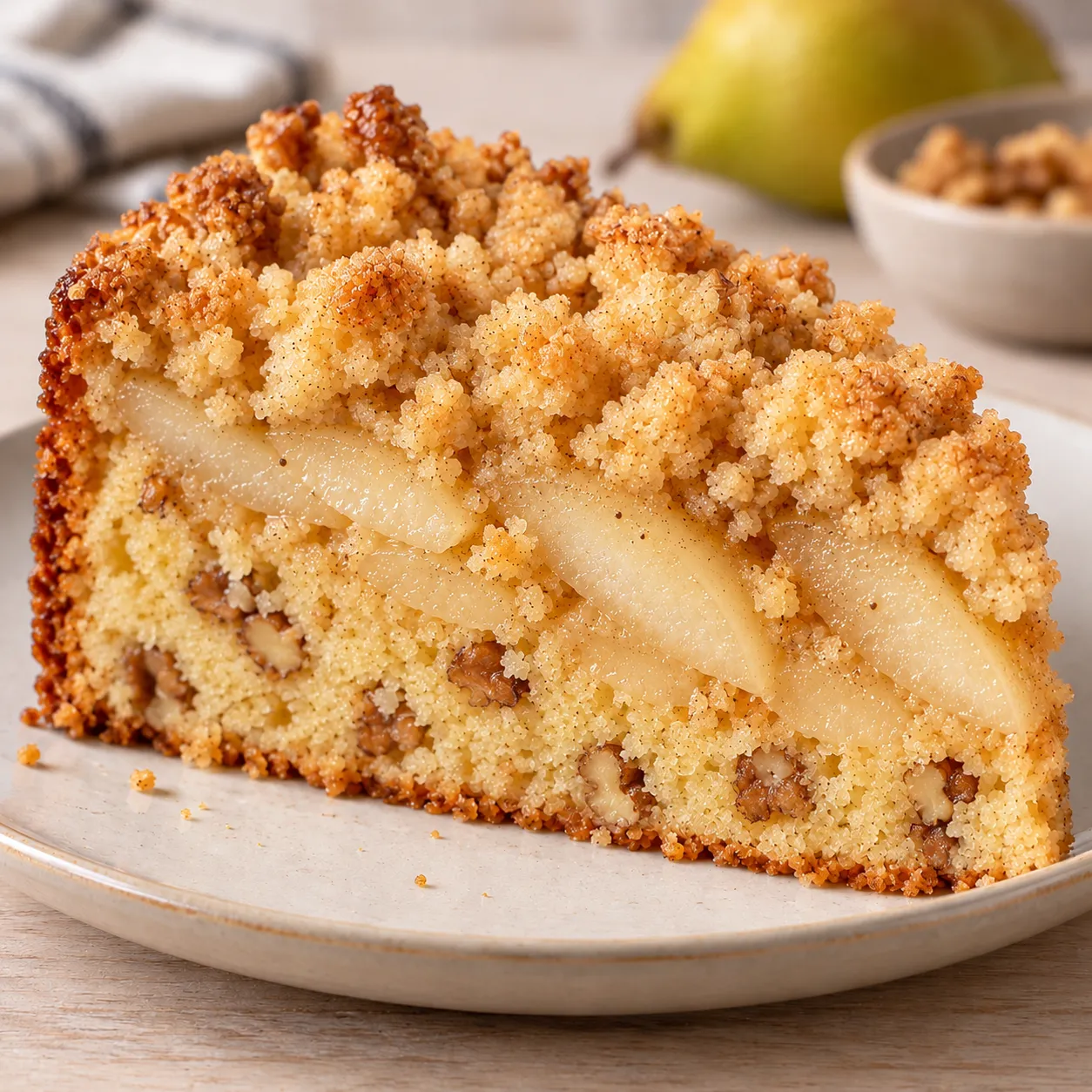Crumble cake with pear and cardamom — walnuts