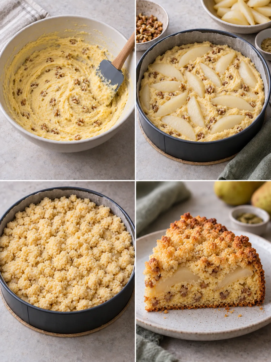 Crumble cake with pear and cardamom — walnuts