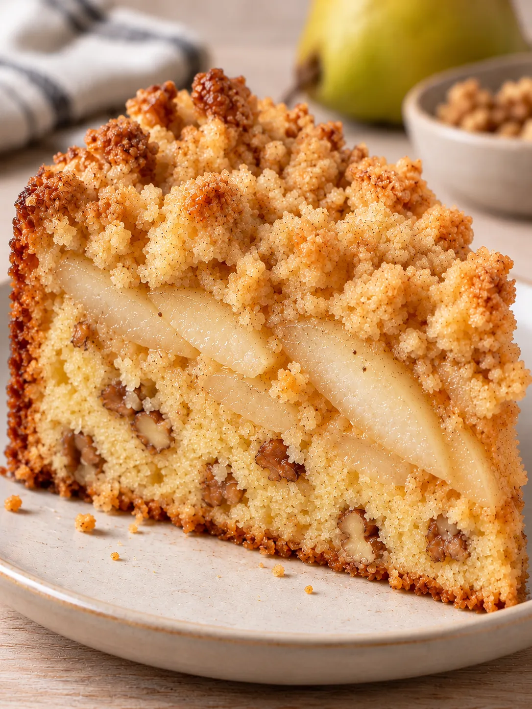 Crumble cake with pear and cardamom — walnuts