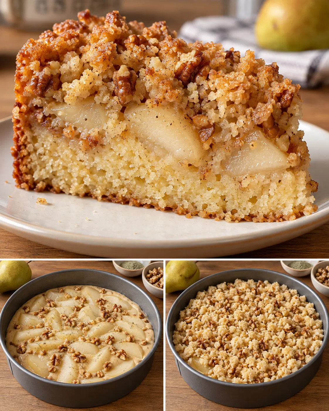 Crumble cake with pear and cardamom — walnuts