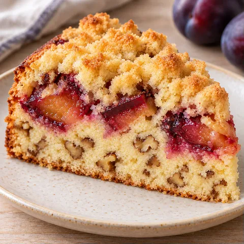 Crumble cake with plums and vanilla — walnuts