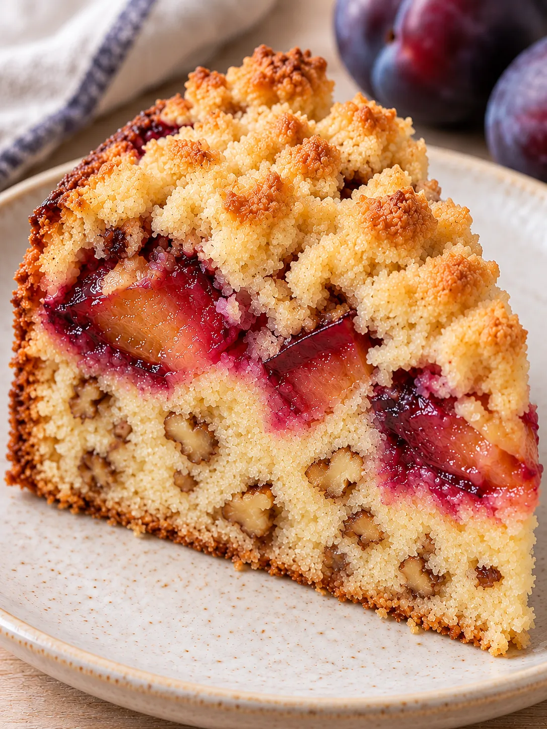 Crumble cake with plums and vanilla — walnuts