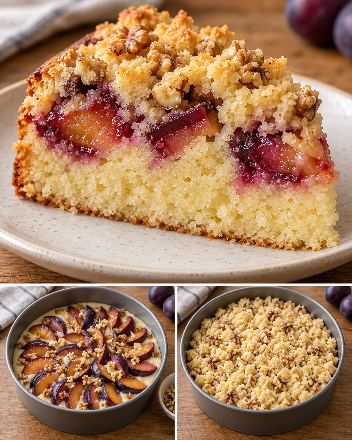 Crumble cake with plums and vanilla — walnuts