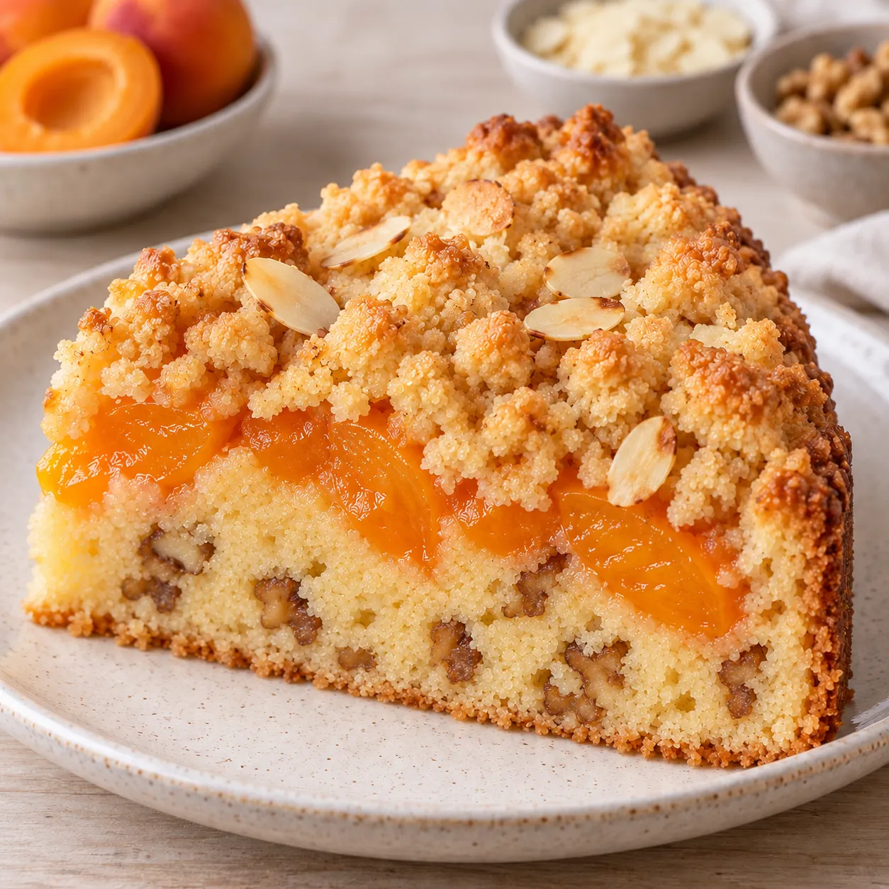 Crumble cake with apricots and almonds — walnuts