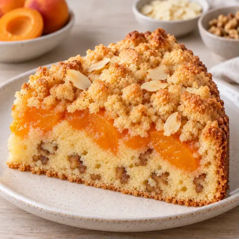Crumble cake with apricots and almonds — walnuts