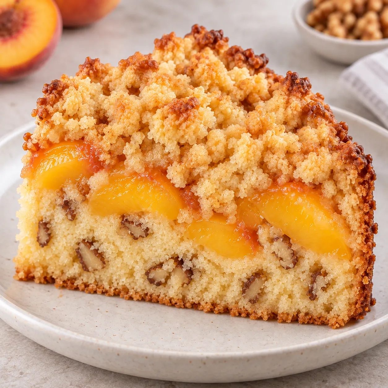 Crumble cake with peaches and vanilla — walnuts