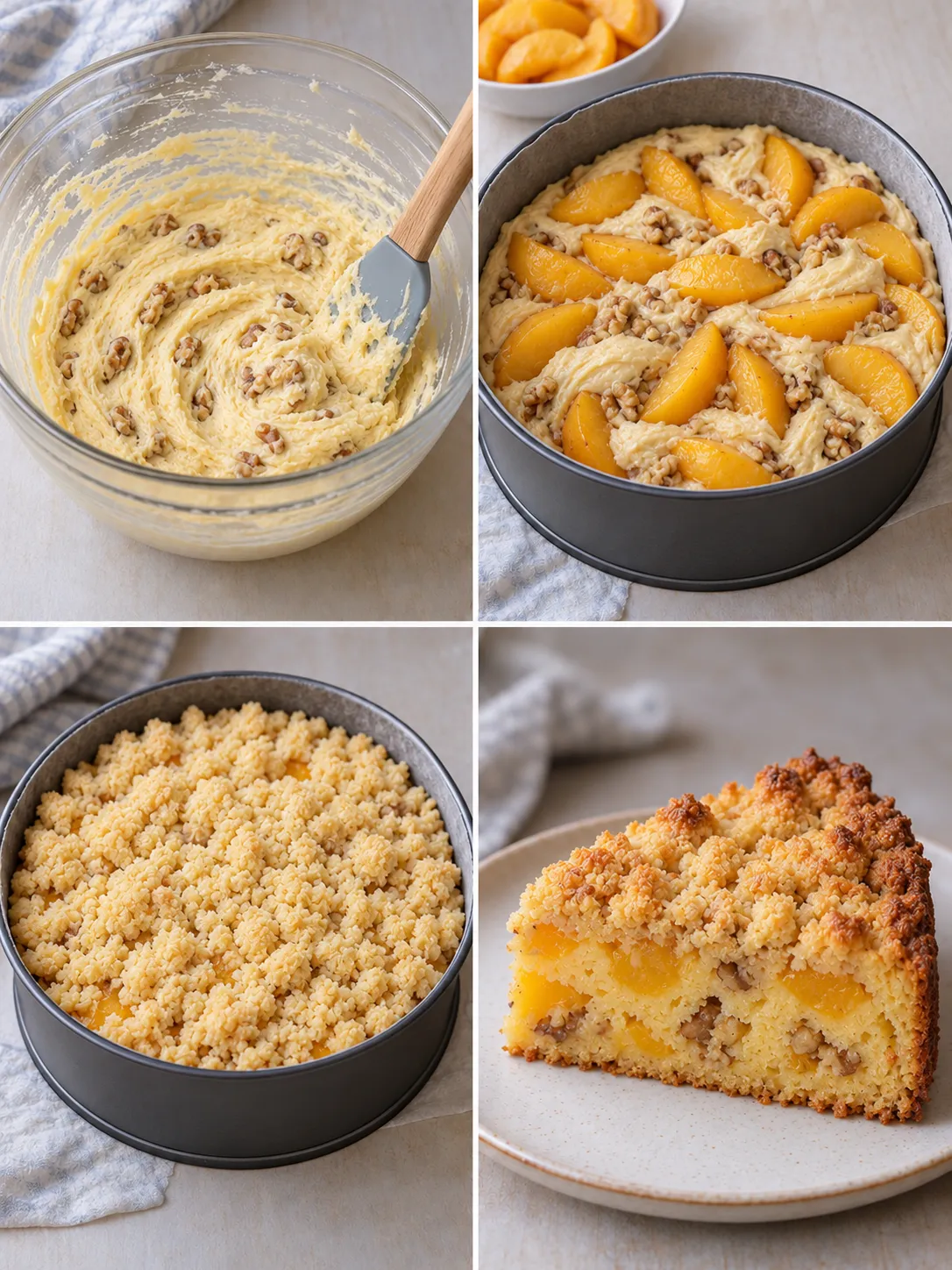 Crumble cake with peaches and vanilla — walnuts